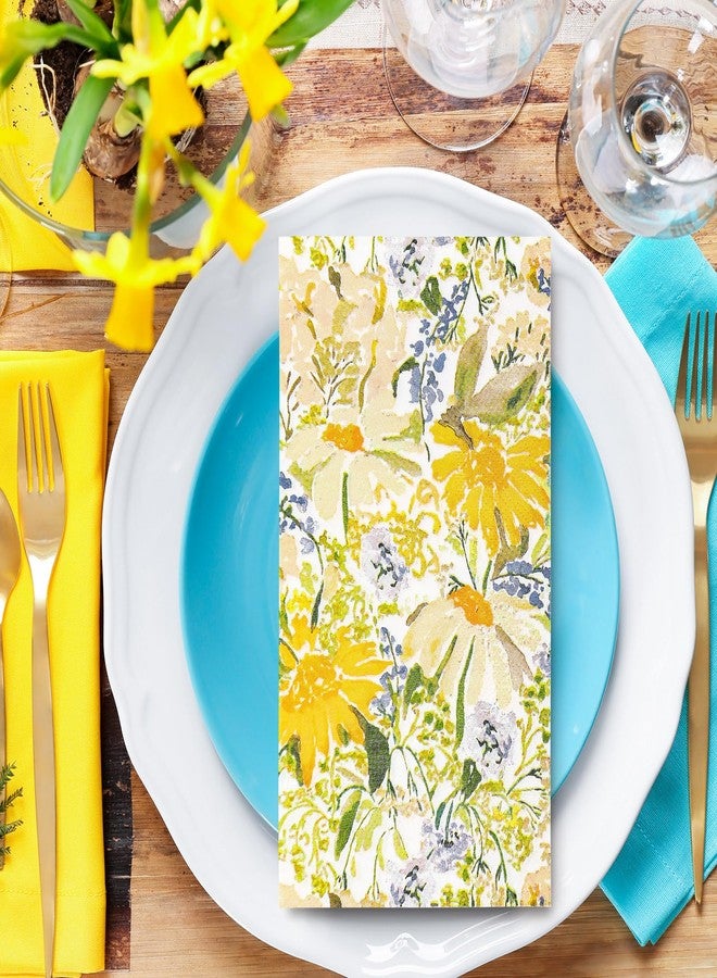 JarThenaAMCS مناديل ضيوف JarThenaAMCS، 100 قطعة، بنقشة زهور الربيع، مناديل ورقية صفراء اللون بنقشة زهور الأقحوان المائية، مناديل ورقية للعشاء بنقشة زهور برية، مثالية لمستلزمات حفلات الصيف. - Image 3